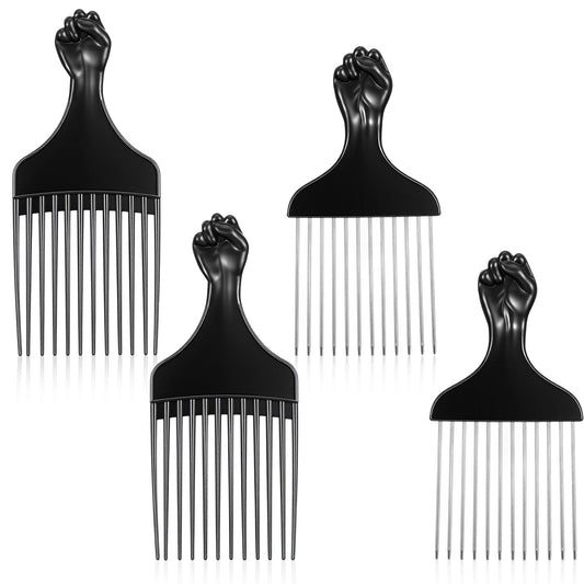 4 Pcs Hair Picks for Curly Hair, Plastic and Metal Hairs Pick for Black Men Wide Tooth Afro Pick Comb Detangling Wig Braid Hairs Styling Tool Hairdressing Styling Tool (Black)