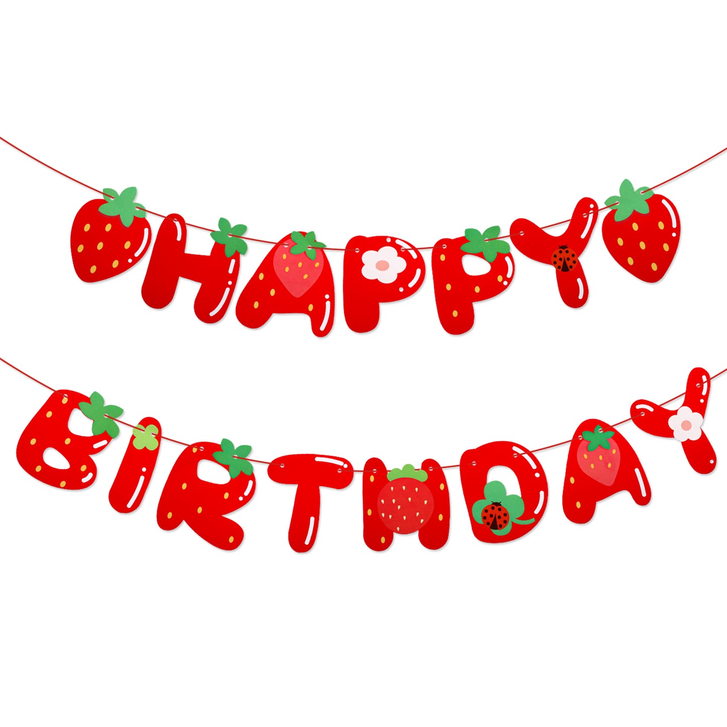 Strawberry Happy Birthday Banner Pre Strung Glitter Garland With Strawberry Accents Fruit Theme Party Decoration for Girls Birthday Summer Picnic Shower
