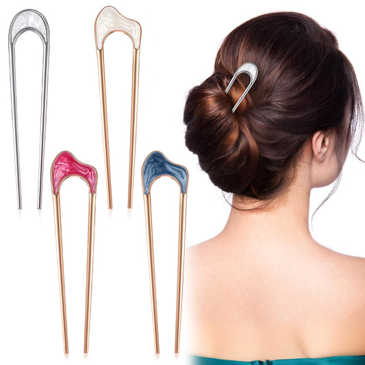 Metal U Shaped Hair Fork, 4 Pcs Metal French Hair Pin Vintage French Twist Hair Pin Elegant Chignon Hair Pin Gold Silver Metal Hair Sticks for Women French Hair Pins for Women Buns Hair Accessories