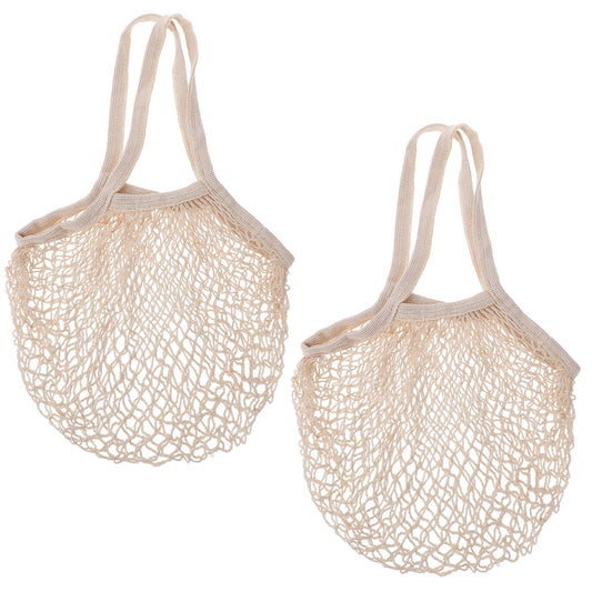 Xthrotsenk 2Pack Mesh Grocery Bags Storage Shopping Bags Reusable Cotton String Produce Bags Fruit and Vegetable Bags Long Handle Net Tote Premium Ecology Bags, Beige(Portable/Washable/Durable)