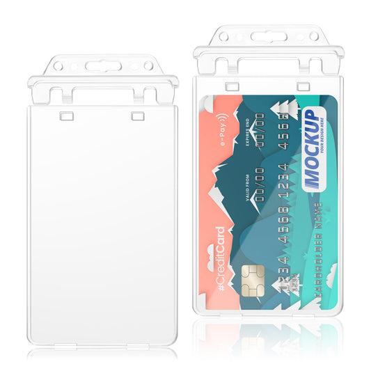 2 Pack Hard Plastic ID Card Holder Transparent Card Protector Durable Badge Holder Lockable Vertical Card Holder for One or Two Cards Card Holder for Gym Ski Pass Bank Card