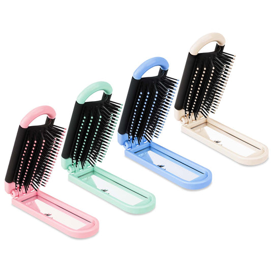 4 Assorted Colors Travel Hair Brush with Mirror, Foldable Mini Hair Brush Compact Hair Brush with Massage Comb Pocket Size Travel Hairbrush for Hair Styling, Gym, Trips, and Purse