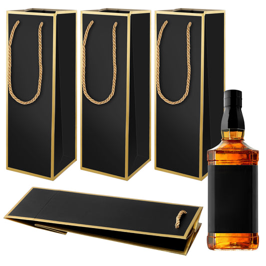 4"X4"X11" Whiskey Bottle Gift Bags, 4 PCS Luxury Wine Bottle Gift Bags Reusable Liquor Bag with Gold Foil Print, Gold Foil Black Wines Bag for Party Wedding Party Spirit with Handle, Small Bottles