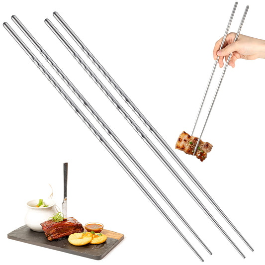 2 Pairs 15.3 Inch Cooking Chopsticks Extra Long Reusable Stainless Steel Chopsticks with Non Slip Threaded for Hot Pot, Noodle, Cooking, Frying (Silver)
