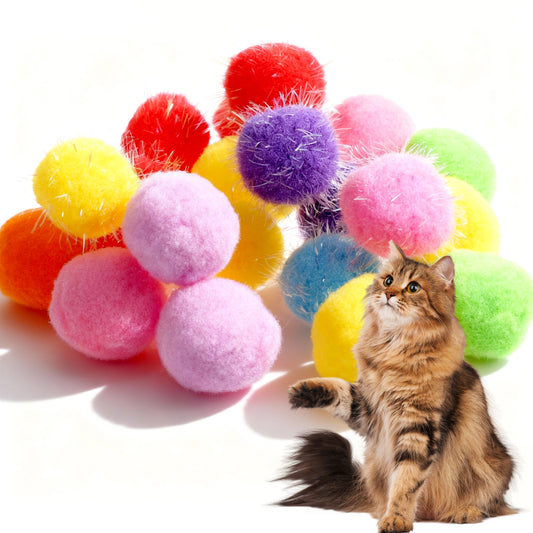 Alrhso 20Pcs Cat Balls Toy 2.5 cm Pom Pom Balls Colorful Sparkle Fuzzy Ball Without Bells Soft Interactive Kitten Ball Exercise Toys for Indoor Kitten Playing Quiet