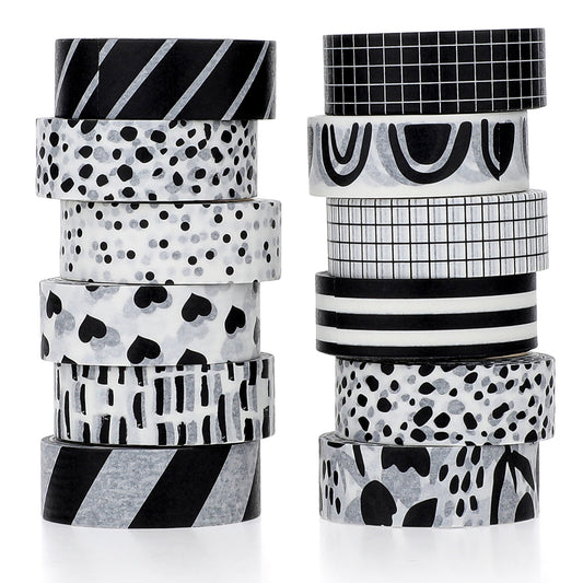 12 Rolls Washi Tape Set Black and White Washi Masking Tape Washi Tape Stickers for Scrapbook Collage DIY Journal Arts Craft Gift Wrapping Decoration