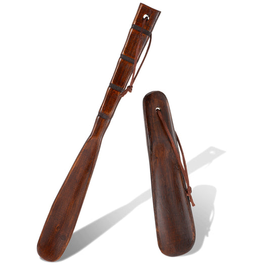FdcLixuvol 2PCS Wooden Shoe Horn, Brown Shoe Horn Long Handle and Short Handle Retro Wood Shoehorn Shoes Stick Helper Lazy Shoes Helper Spoons with Lanyard for Seniors Men Women Home or Travel
