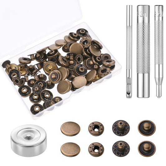 24 Sets Leather Snap Fasteners Kit, 15mm Metal Snap Buttons Metal Leather Press Studs Kit with 4pcs Installation Tools Heavy Duty Leather Snap Button for Clothing Hats Jackets Jeans Canvas (Bronze)