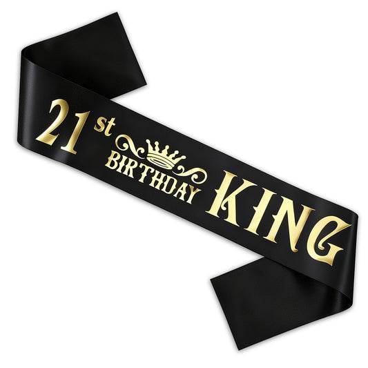 21st Birthday King Sash for Men's Birthday Black Satin Birthday-Sash wiht Gold Foil Letter Print (63 x 3.7 Inches)