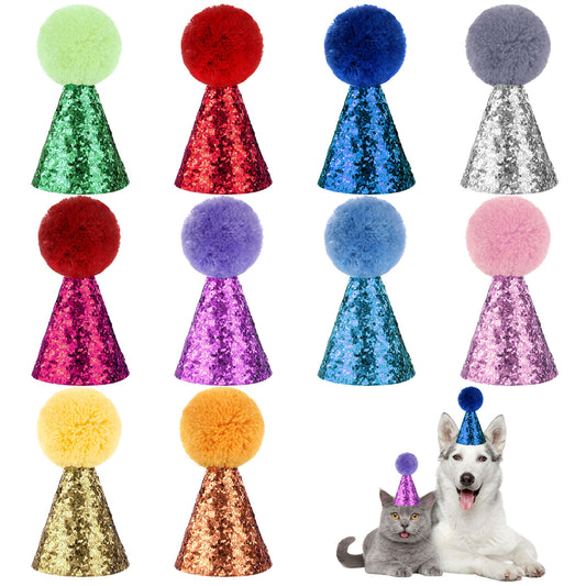 Dog Birthday Hats, 10 Packs Cat Birthday Hat Dog Party Hats Multi-Color Cat Hats Mini Party Hats Cute Puppy Hat with Pom Poms Adjustable Headbands Birthday Hats for Kittens Dogs Pets Stuffed Animals