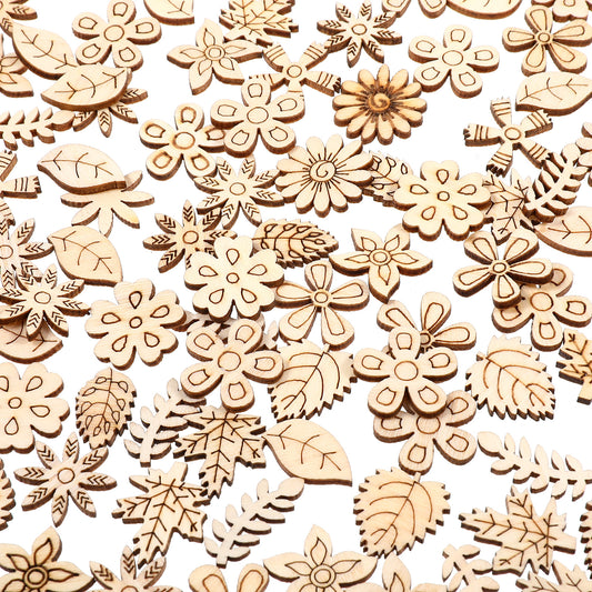 100 Pcs Wooden Flowers for Crafts, Unfinished Wood Slices with Leaf Patterns Mini Handmade Crafts Decoration Spring Home Decor Paintable DIY Wood for Christmas Ornaments, Party