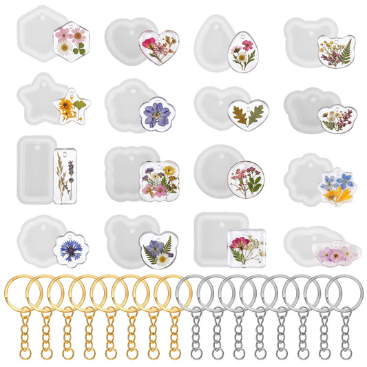 16 Pack Variety Geometric Pendant Silicone Molds Keychain Resin Molds Silicone with Hole Jewelry UV Resin Mold with 16 Keychains for Necklace Pendant Jewelry Making