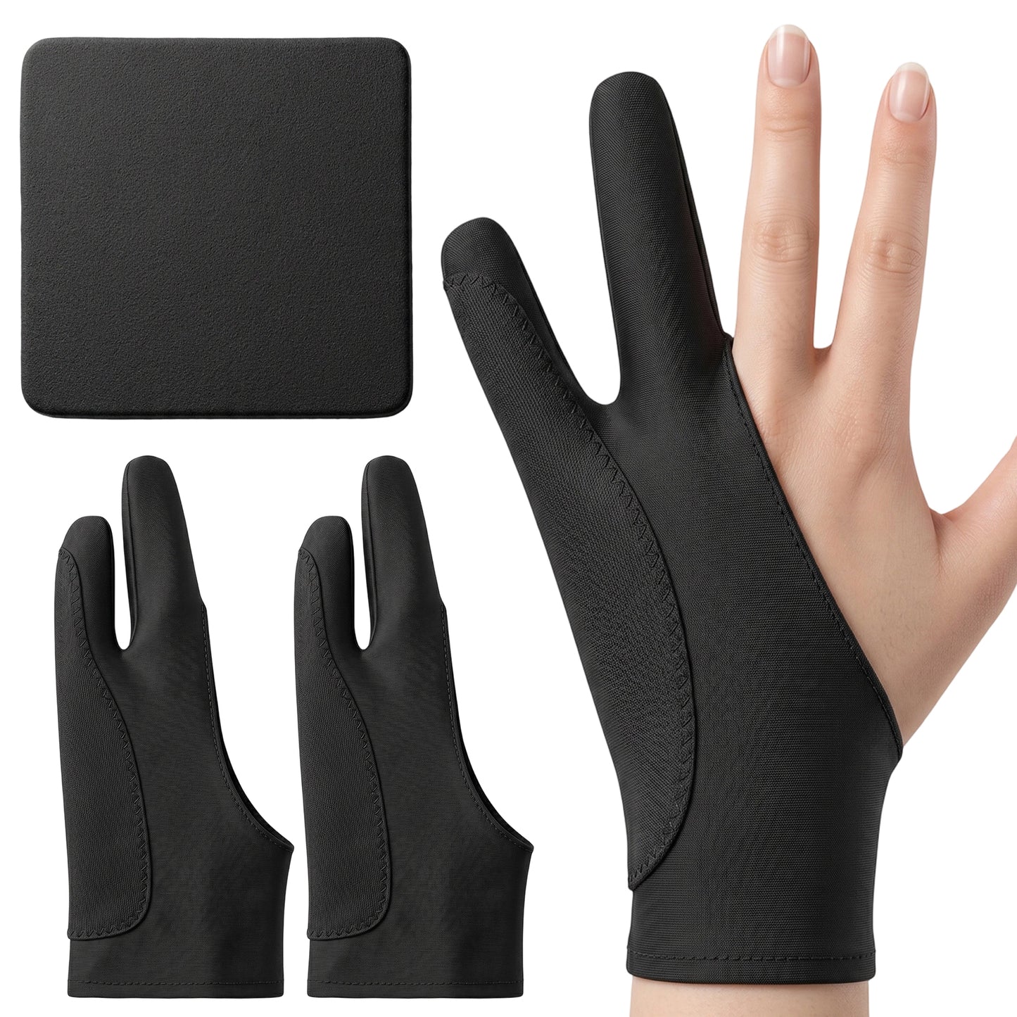 2 Pcs Black Drawing Glove 2-Fingers 3-Layer Digital Painting Glove for Right Left Hand for Drawing Tablet, Pad, Paper Sketching, with 1 Cleaning Cloth (8x3.5'')