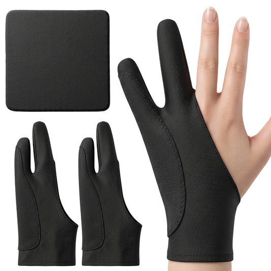 2 Pcs Black Drawing Glove 2-Fingers 3-Layer Digital Painting Glove for Right Left Hand for Drawing Tablet, Pad, Paper Sketching, with 1 Cleaning Cloth (8x3.5'')