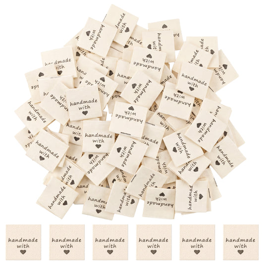 100 Pcs Sewing Labels for Handmade Items, Durable Fabric Sewing Labels with Handmade with Love Embossed Tags Sew on Clothing, Ideal for Crochet, Knitting, Projects and DIY Crafts