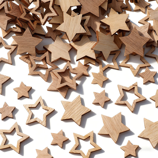 100 Pcs Small Wooden Stars for Crafts Hollow Star Shape Wood Natural Wooden Cutouts Ornaments Laser Cut Unfinished Small Ornaments Decorating Painting Wood Cutouts for Christmas Party Wedding