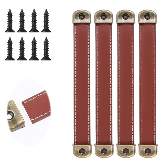 4Pcs Leather Handles for Drawers 7" Surface Leather Furniture Handles Leather Trunk Handles Retro Style Leather Handle Pull Handle Leather Strap Handles with Mounting Screws for Drawer Cabinet (Brown)