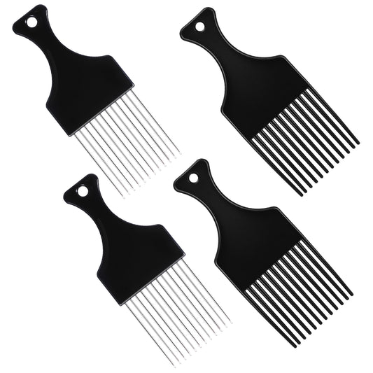 4 Pcs Hair Picks for Curly Hair, Plastic and Metal Hair-Pick for Black Men Wide Tooth Afro Pick Comb Detangling Wig-Braid-Hair Styling Tool Hairdressing Styling Tool, Black