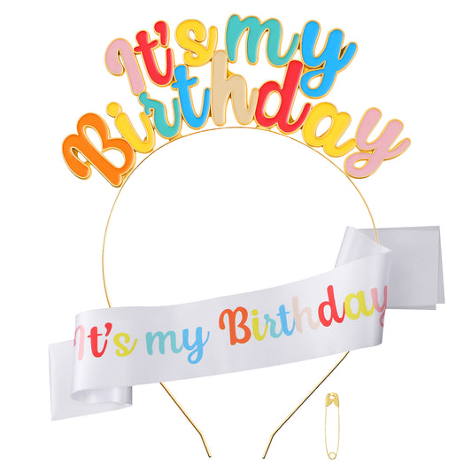 Qulkws Birthday Crown and Sash Set for Women, Headband Set, Happy Birthday Crowns, Tiara Crowns, Rainbow B-day Headband, B-day Accessories for Women