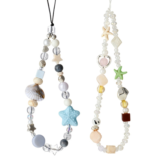 Trinkrittey 2 Pcs Beaded Phone Charm Strap, Universal Beaded Camera Lanyard, Pearl Seashell Wrist Strap For Smartphones, Bags, Keychains Accessories