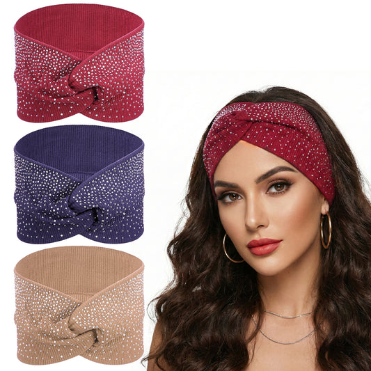 Rhinestone Headbands for Women, 3 Pcs Sparkly Crystal Wide Headbands Bling Fancy Sparkle Head Scarf Turban Stretchy Hair Bands Elastic African Head Wraps for Black Women