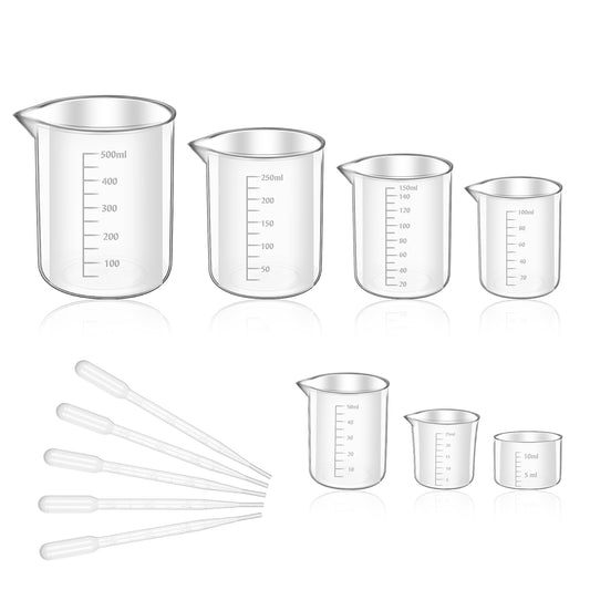 7 Sizes Plastic Beaker Set, Plastic Graduated Beakers with 3 Ml Plastic Droppers, Clear Measuring Graduated Liquid Container Beakers in 10ml, 25ml, 50ml, 100ml, 150ml, 250ml, 500ml