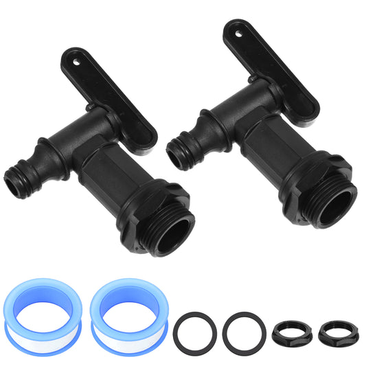 2 Pack Rain Bucket Spout Faucets, Water Bucket tap, Plastic 3/4 Inch Faucet with Waterproof Sealing Tape, Gasket Faucets, Plastic Drain Faucet for Rain Bucket, Tank, Gardening (Black, Style 2)