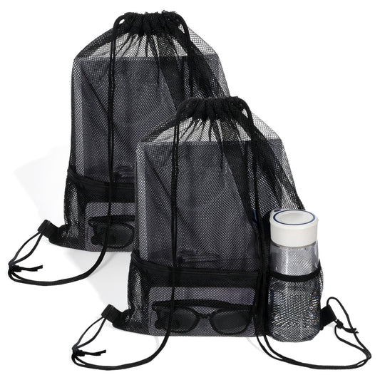 Bruislard 2 Pcs Mesh Drawstring Backpack Bag Heavy Duty Nylon Net Bags with Zipper Pocket Multifunction Mesh Bag Beach Bags for Gym Swimming Beach Toys Clothes
