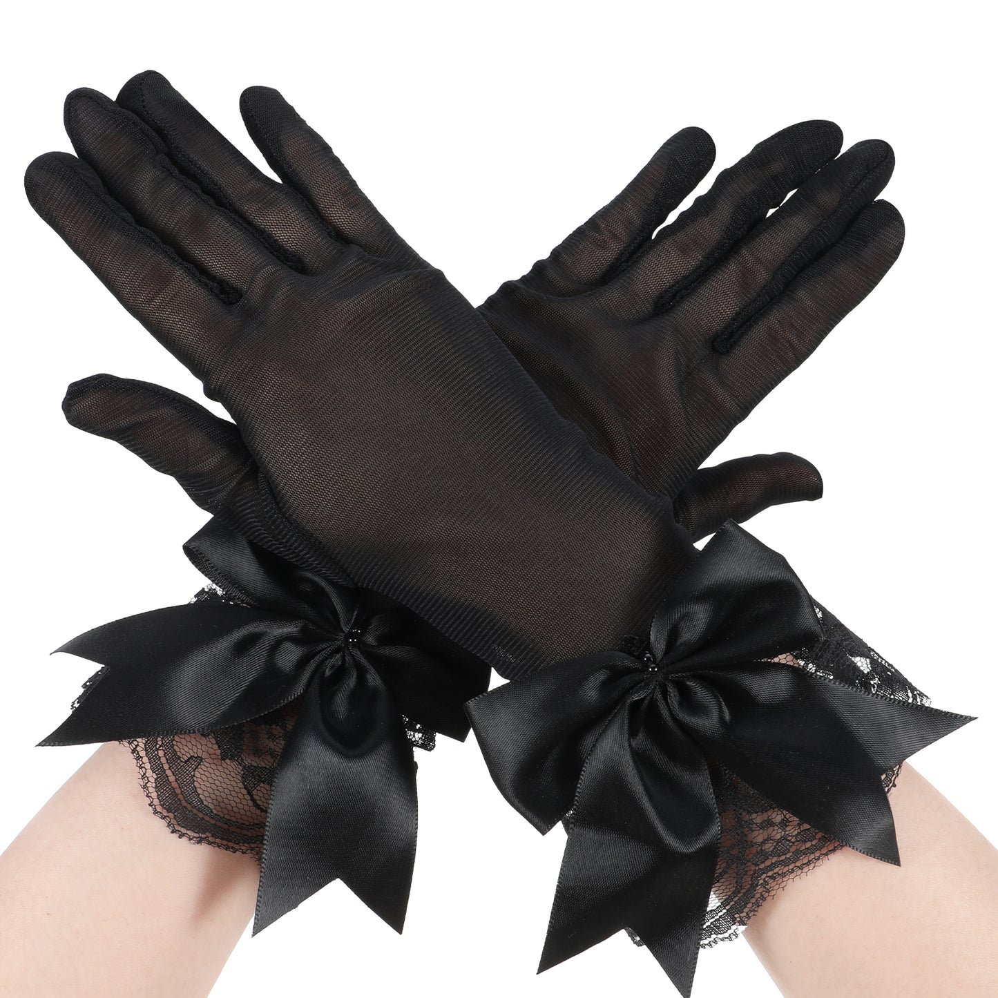 Women's Lace Gloves Tea Party Gloves Black Floral Tulle Mesh Short Party Bow Glove Bridal Wedding Glove Elegant with Wrist Ruffle Evening Dress Accessories formal for Dinner Sun Protection Funeral