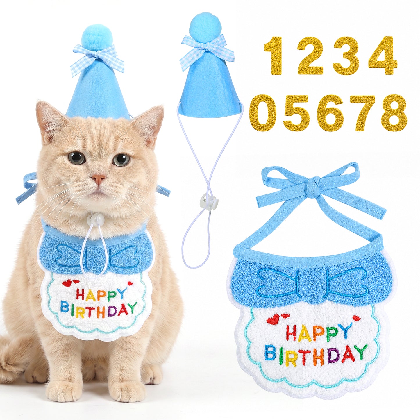 Cat Birthday Party Supplies, Blue Hat with Numbers Cat Bandana