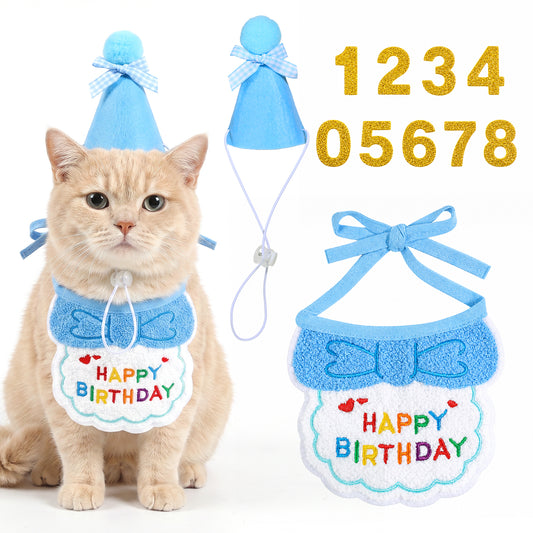 Cat Birthday Party Supplies, Blue Hat with Numbers Cat Bandana
