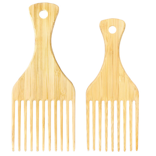 2 Pack Bamboo Comb Set for Afro Hair Bamboo Hair Pick 9 Tooth and 11 Tooth Natural Anti-Static Picks Wide-Tooth Afro Lift Combs Long Tooth Detangling Combs for Men and Women Curly, Thick Hair Styling