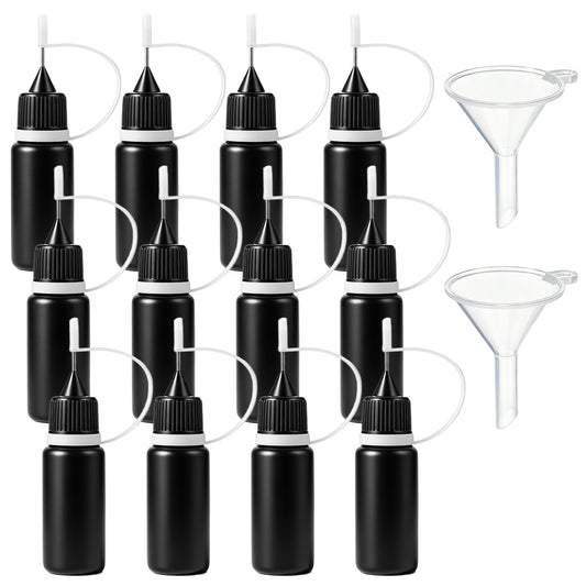 12Pcs Black Precision Tip Applicator Bottles with 2 Funnel, 10ml Fine Tip Metal Needle Applicator Bottle for DIY Crafts Acrylic Painting