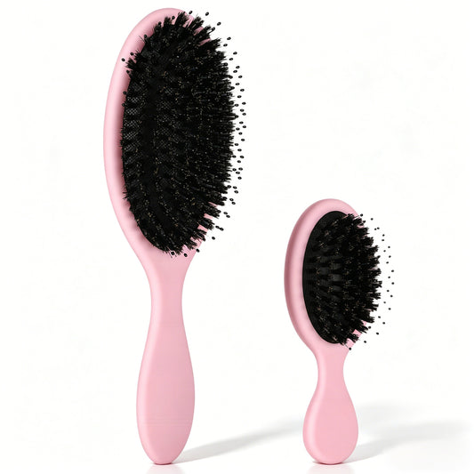Pink Boar Bristle Hair Brush Set 2 Pcs Soft Boars Hair Brushes for Women Men (Regular & Small,8.86/5.5 in)