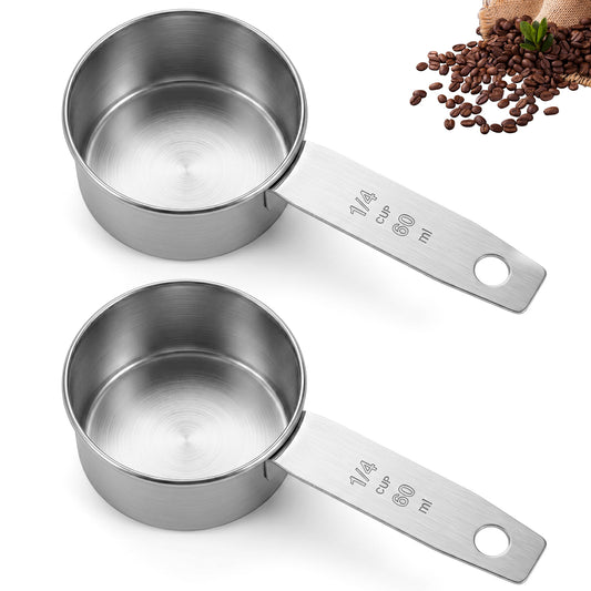 2 Pcs 1/4 Cup Scoop, 60ml 2oz Stainless Steel Measuring Cup Single Metal Dog Cat Food Scoop Coffee Measuring Cups Measure Cups for Cooking, Baking, Kitchen, Wet and Dry Ingredients, Dishwasher Safe