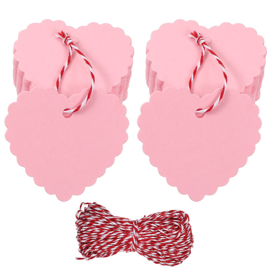 100 PCS Valentines Gift Tags with String Attached, 2.55" X 2.36" Pink Heart Gift Tags Paper Blank Hanging Tag for Craft Mothers Day Valentine's Day Wedding Favor Gift Package Wrapping Hang Label