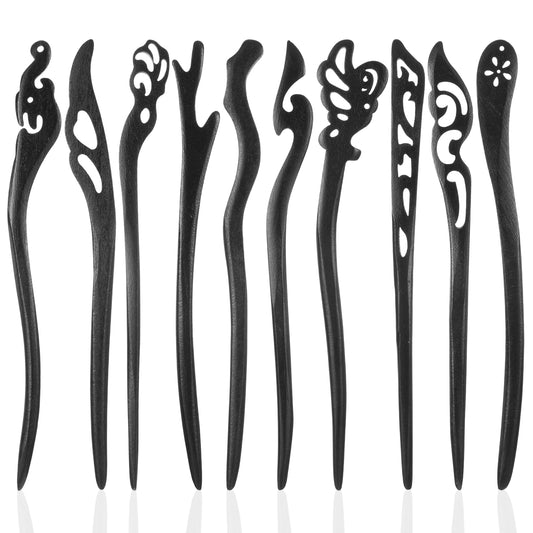 Wooden Hair Sticks for Women, 10 Pcs Elegant Chinese Hair Pin Vintage Chinese Chignon Hair Chopsticks for Long Hairs Sticks Handmade Buns Hanfu Pins for Women (Black)