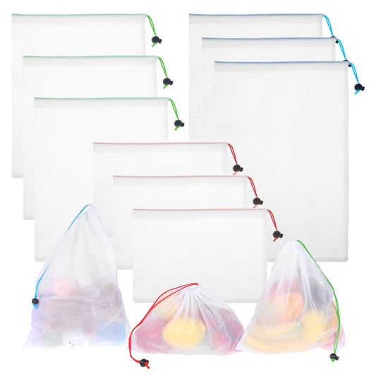 KALIONE 9Pcs Reusable Produce Bags Mesh Grocery Bag Drawstring Netted Mesh Bags for Fresh Vegetable, See Through Mesh Produce Bags for Storage Fruit Vegetable(30 * 20cm,30 * 36cm,30 * 44cm)