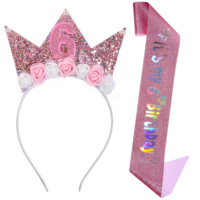 Xthrotsenk 6th Birthday Decorations for Girls Pink Headband and Glitter Sash Birthday Flower Princess Crown Headband Elegant Crown Tiara Sash Set for 6 Year Old Girl