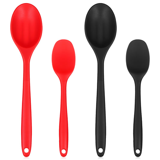 4 Pack Long Handle Silicone Mixing Spoons, 2 Sizes Silicone Cooking Spoons Heat Resistant Rubber Stirring Spoon Basting Utensil Kitchen Spoon for Cooking Baking Mixing Serving, 11" & 8" (Red, Black)