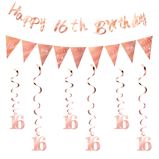 Rose Gold Happy 16th Birthday Banner Triangle Flag Sweet 16 Party Decorations Bunting Swirls Sweet 16 Banners Fabulous Party Backdrop Sweet16 Decorations for Girls Cheers