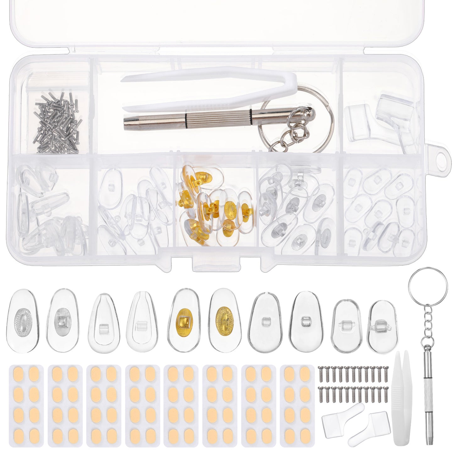 Spectacle Repair Kit 25 Pairs Glasses Nose Pads Silicone Glasses Repair Kit with Screws Precision Screwdriver Tweezers Eyeglass Holder Nose Pads