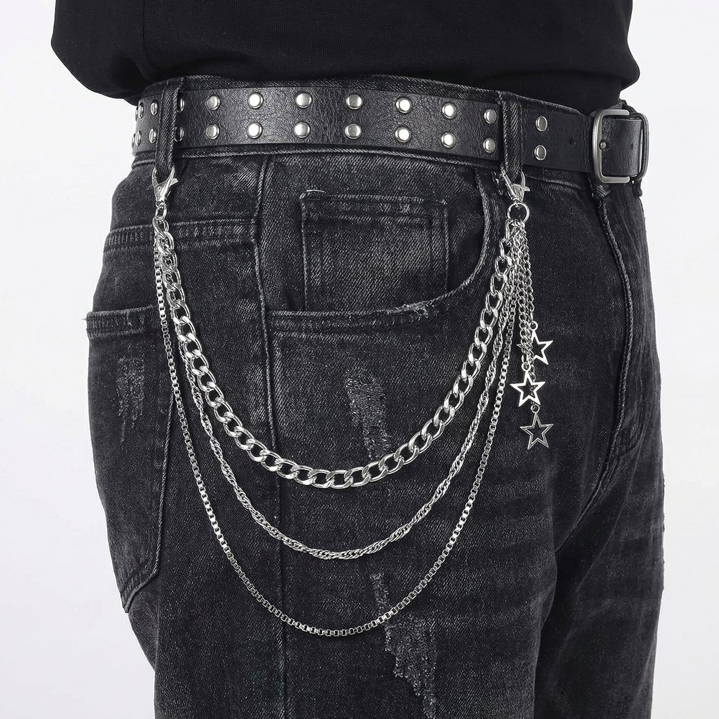 Star Pants Chain Belt, Silver Jean Pocket Chain 3 Layer, Goth Punk Hip Hop Wallet Chains Outfit Accessories for Women Men