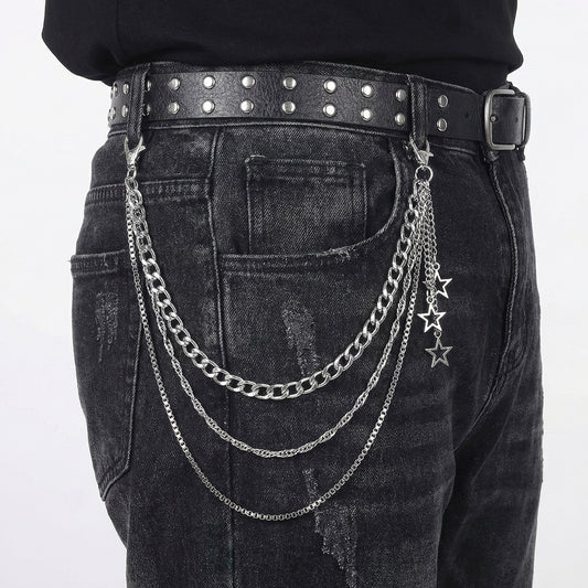 Star Pants Chain Belt, Silver Jean Pocket Chain 3 Layer, Goth Punk Hip Hop Wallet Chains Outfit Accessories for Women Men
