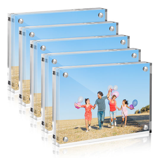 4x6 Inches Acrylic Picture Frame, 5 Pack Double Sided Magnetic Photo Frames, Frameless Clear Postcard Frame for Office Desk or Home Tabletop Standing Display, Gifts (10mm + 10mm)