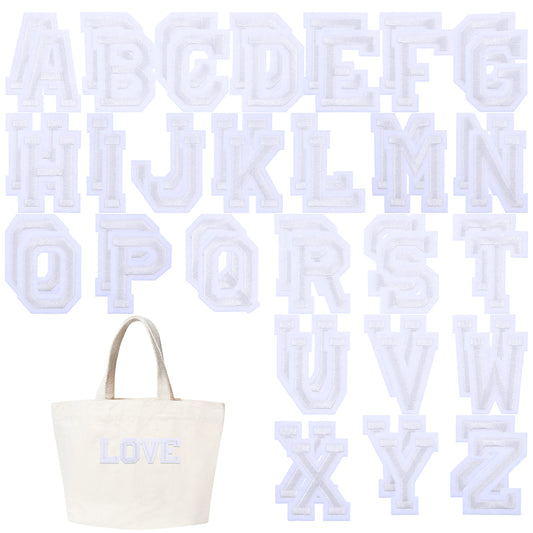 Iron on Letters for Clothing, 52 Pcs White Iron on Letter Patches Alphabet A-Z Embroidered Patches with Ironed Adhesive Decorative Sew on Letters Patch for Jackets, Coats, Shirts, Hats, Bags, Jeans
