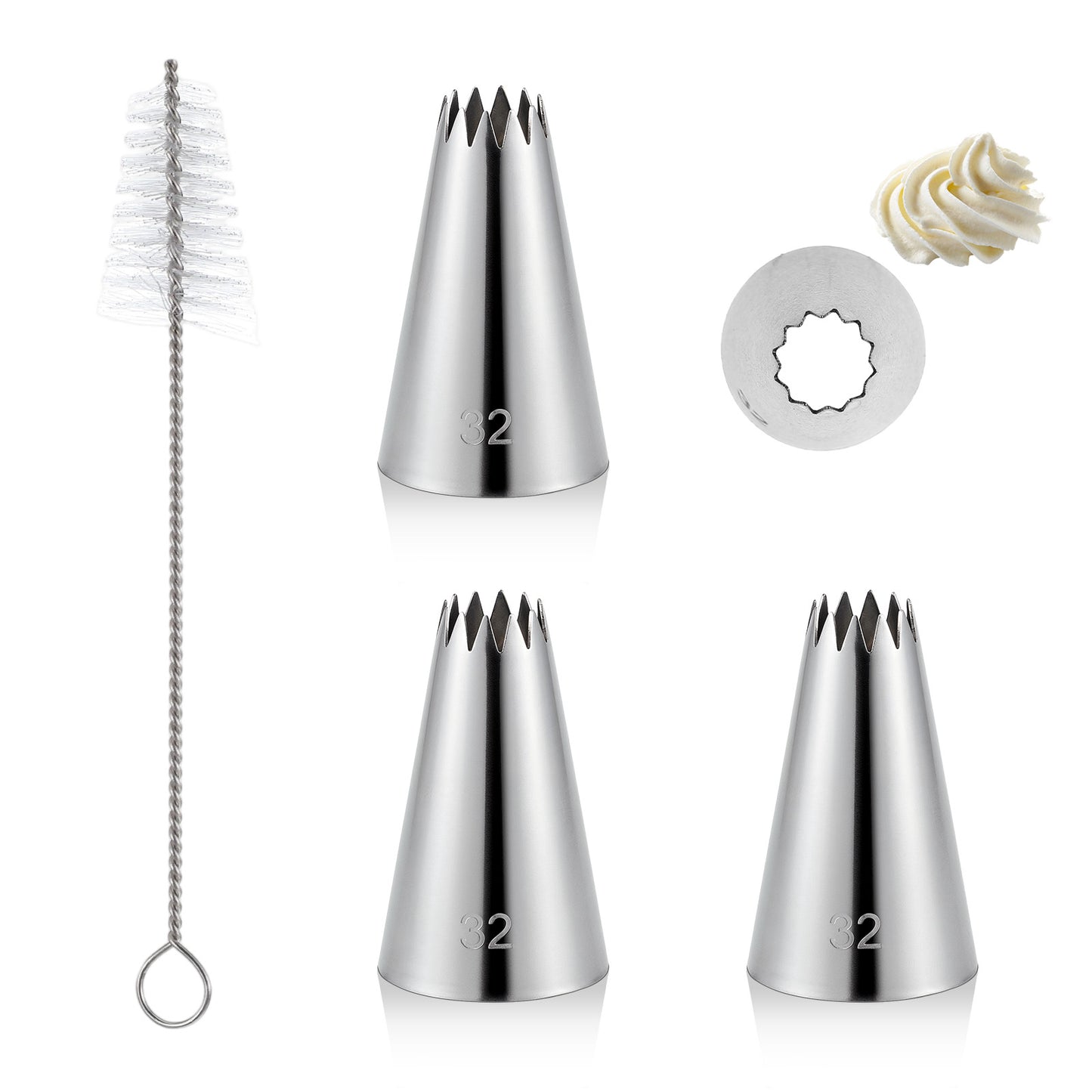 3 Pieces #32 Cake Piping Tip with 1 PCS Cleaning Brush