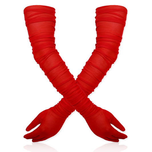 salbsever Women's Red Long Gloves, Stretchy Ruched Gloves 27 Inch Long Gloves Mesh Tulle Gloves for Opera Party Wedding Costume Dance