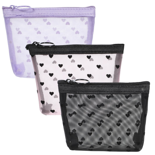 3 Pack Mini Mesh Makeup Bags, Heart Print Mini Cosmetic Zipper Bags Nylon Small Zipper Mesh Pouch Key Holder Lipstick Case Organizer, 3 Colors