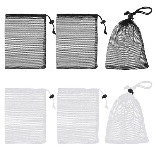 6PCS Small Mesh Drawstring Bags, 7.87 × 5.9 Inch Nylon Mesh Bag, Mesh Bags with Cord Lock, Net Bag for Travel Goods, Storage Bags (3 Black 3 White)